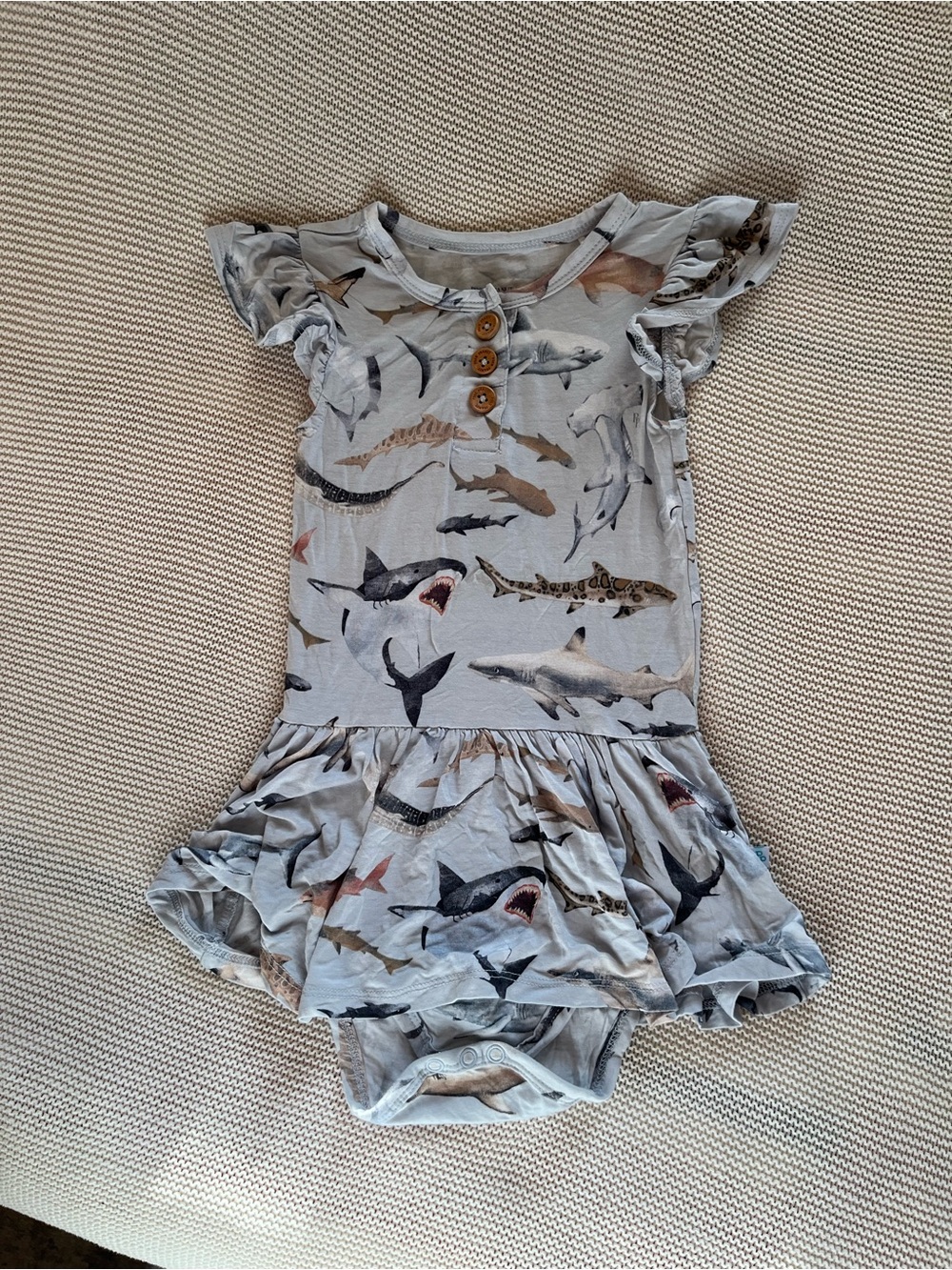 Posh Peanut Maverick Shark Print Ruffle Sleeve Skirted Bodysuit